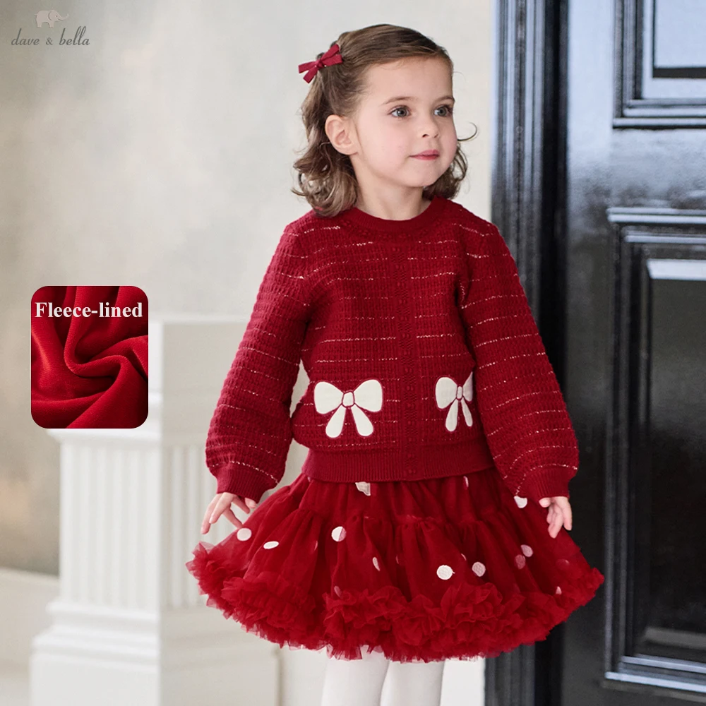 Dave Bella Girls' Red Skirt Set Sweater Fleece-lined Winter Warm Tutu Skirt Two Piece Set Pullover Party 2pcs Suits DB4264731
