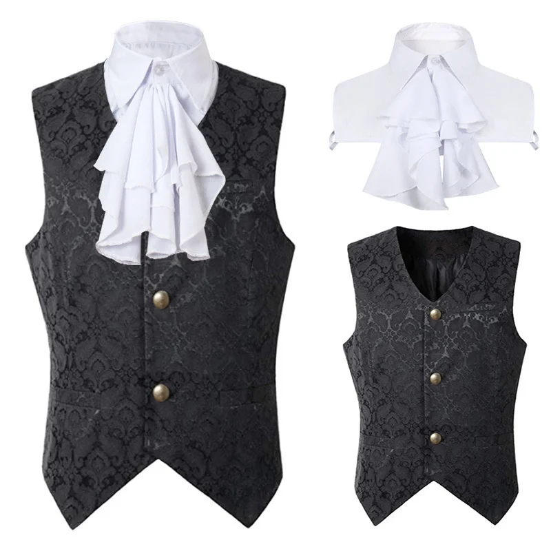 

Black Vest Men Renaissance Steampunk Coat Gothic Jacquard Waistcoat Single Breasted Business Formal Dress Vest for Suit