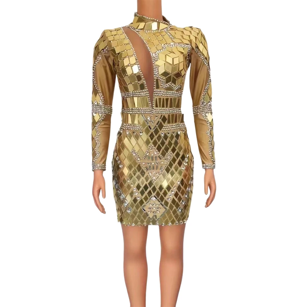 

Mirror Dresses Women's Birthday Mardi Gras Day Suit Costumes Party Prom Evening Gowns Drag Queen Dancewear Gold Blue Short Dress