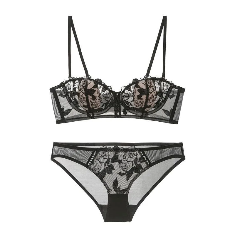 

French Women Lace Sexy Underwear Ultra Thin Half Cotton Cup Soft Underwear Set Push Up Floral Lace Black Women Bra Panties