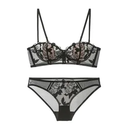 French Women Lace Sexy Underwear Ultra Thin Half Cotton Cup Soft Underwear Set Push Up Floral Lace Black Women Bra Panties