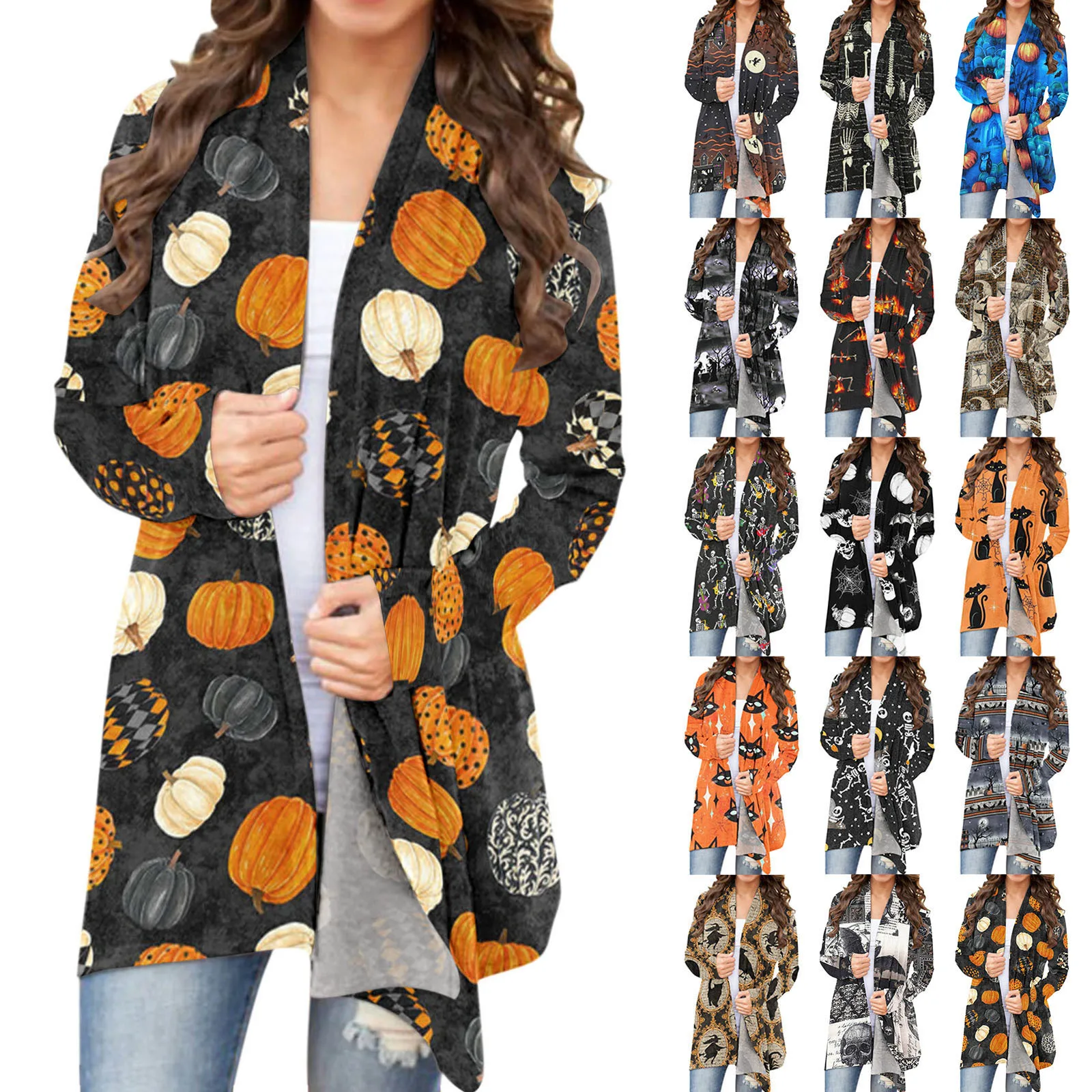 Women Halloween Casual Blouse Animal Cat Print Cardigan Coat Long Sleeve Tops Funny Open Front Large Winter Coats For Women