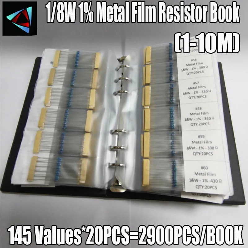 2900 sztuk/partia 145 wartości 1/8W 0.125W 1% 1-10M metalowe rezystory filmowe książka zestaw Assorted Pack zestaw rezystorów wiele asortyment zestawy
