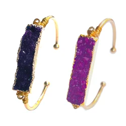 Natural Druzy Stone Square Bracelet for Women Dyed Color Boho Handmade Wire Wrappd Adjustable Open Cuff Bangles