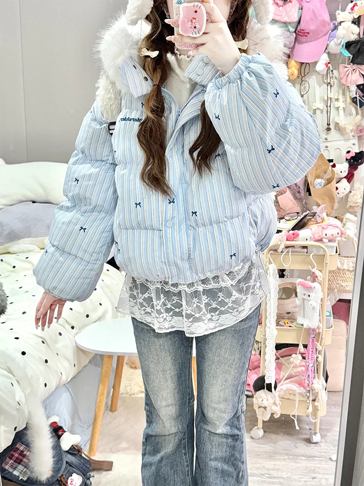 

Thickened Bread Style Cotton Jacket Women's Winter Coat Striped Design Large Fur Collar Sweet Style Casual Outerwear