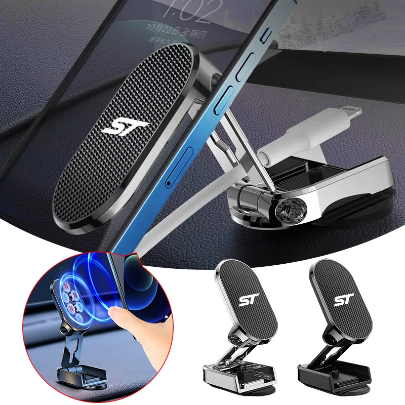 Car Logo Magnetic Foldable Phone Holder For Ford ST Fiesta Focus Mk2 3 4 Edition Mondeo Fusion Puma Line Ranger Auto Accessories