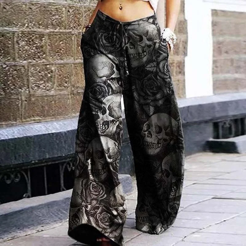 

Full Length Wide Leg Pants Printed Skull Florals Hipster Fashion Summer Trousers Streetwear Sweatants Men Women Clothing