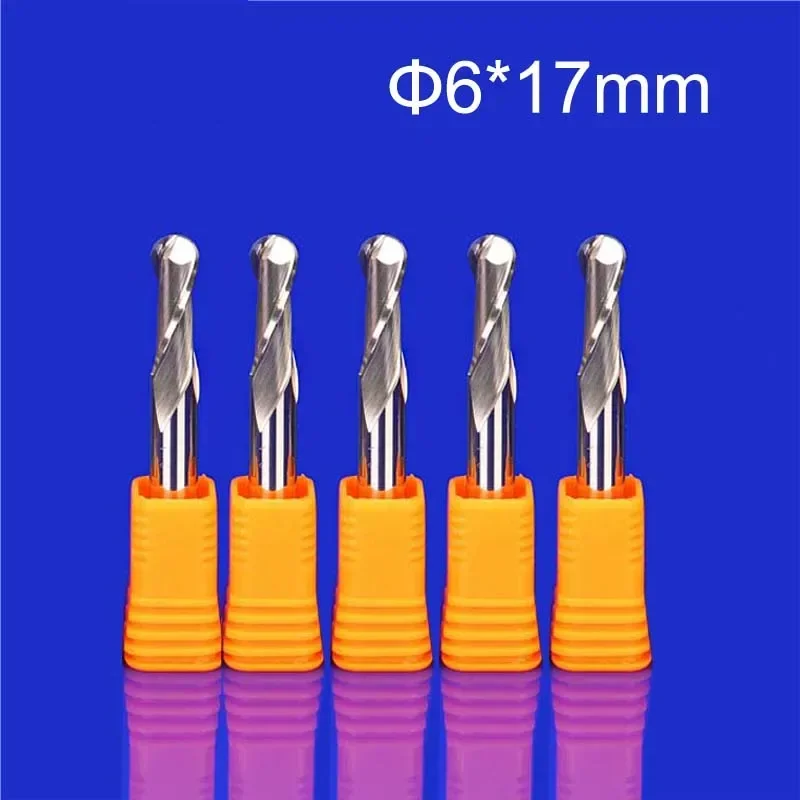 5pcs Solid Carbide Spiral 2 Flute Ball Nose End Mill CNC Engraving Bit Drill Bit Woodworking Drilling Rotary Tool CEL 17mm SHK 6