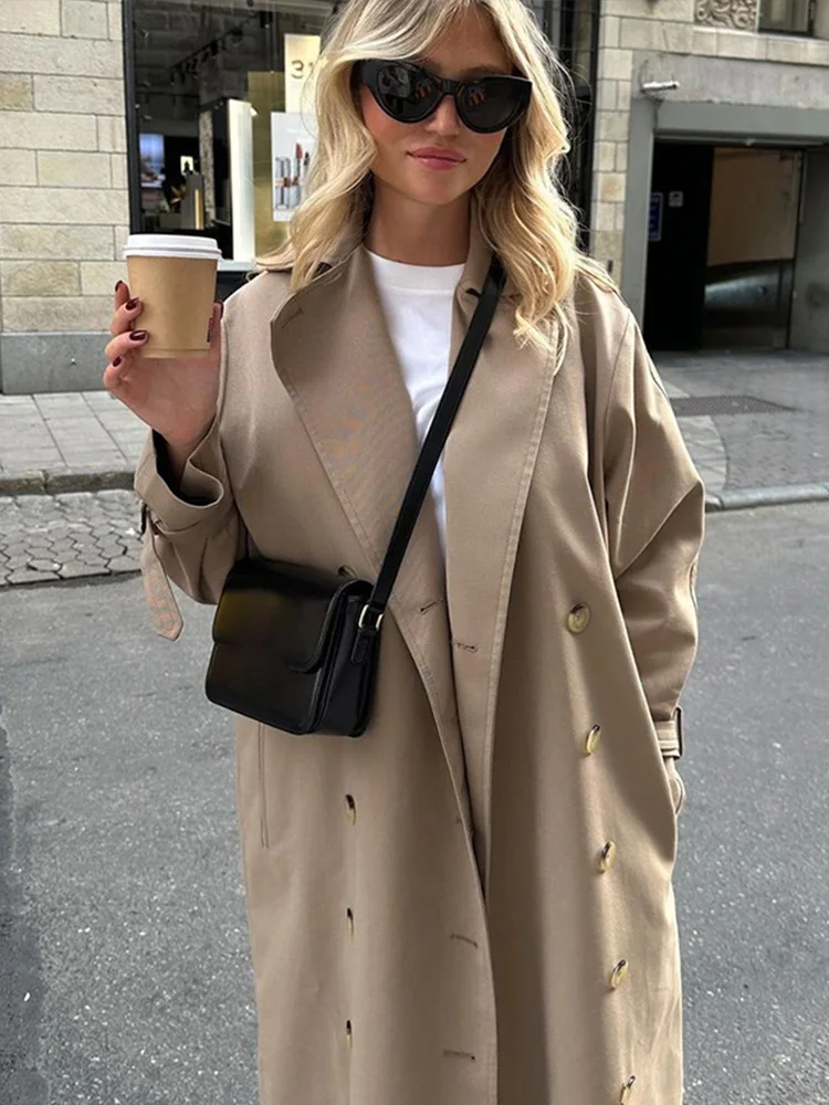 Lässige zweireihige lange Trench Frauen Vintage lose Revers Khaki Jacken Gräben Dame Herbst elegante schicke Street Outwear