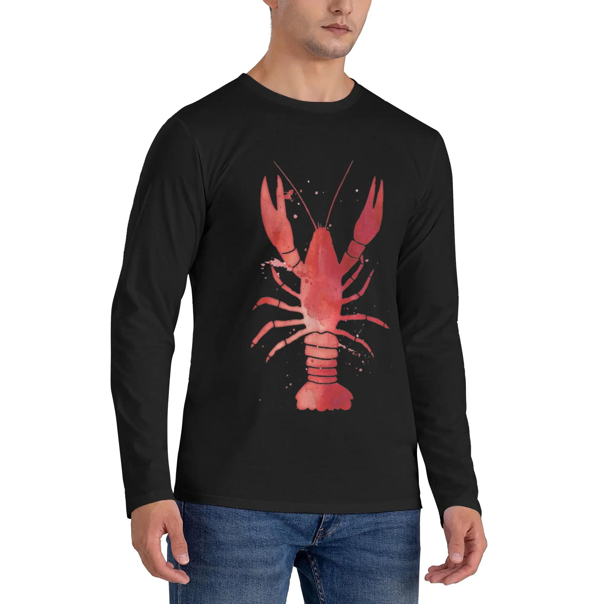 

Watercolor Red Lobster Men's Long Sleeved T-shirt Casual Round Neck T shirts Spring and Autumn Men tops