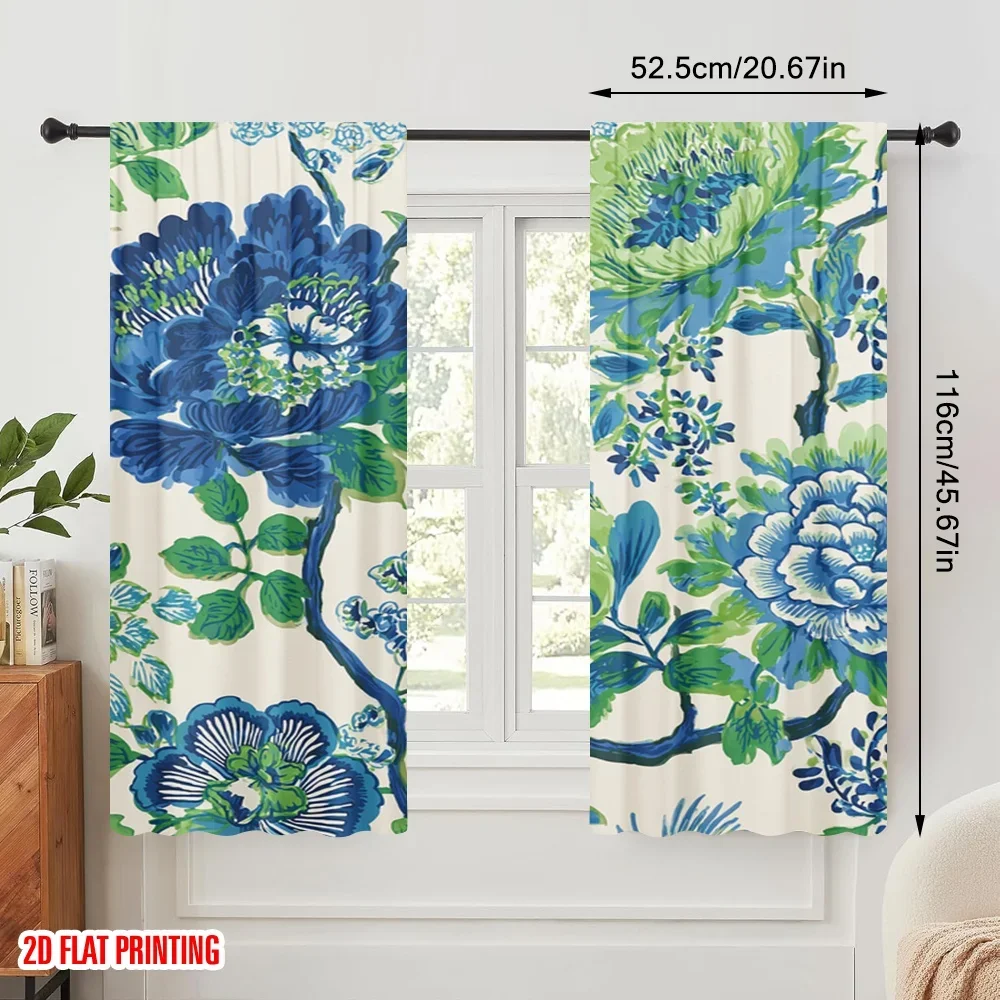 2pcs,2D plane printing Curtains Blue-Green Floral Symphony Polyester Easy Install (without rod) All Seasons Use for Bedroom &
