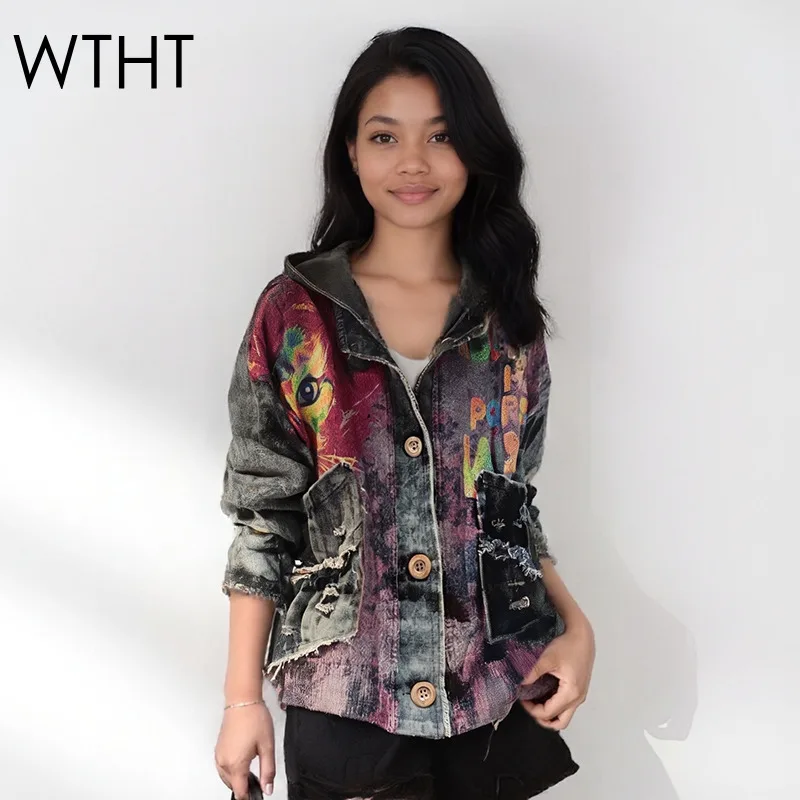 

WTHT Fashion Women's Knit Letter Print Patchwork Denim Jacket 2025 Autumn Trendy Hooded Long Sleeves Coat Female 1LS2271