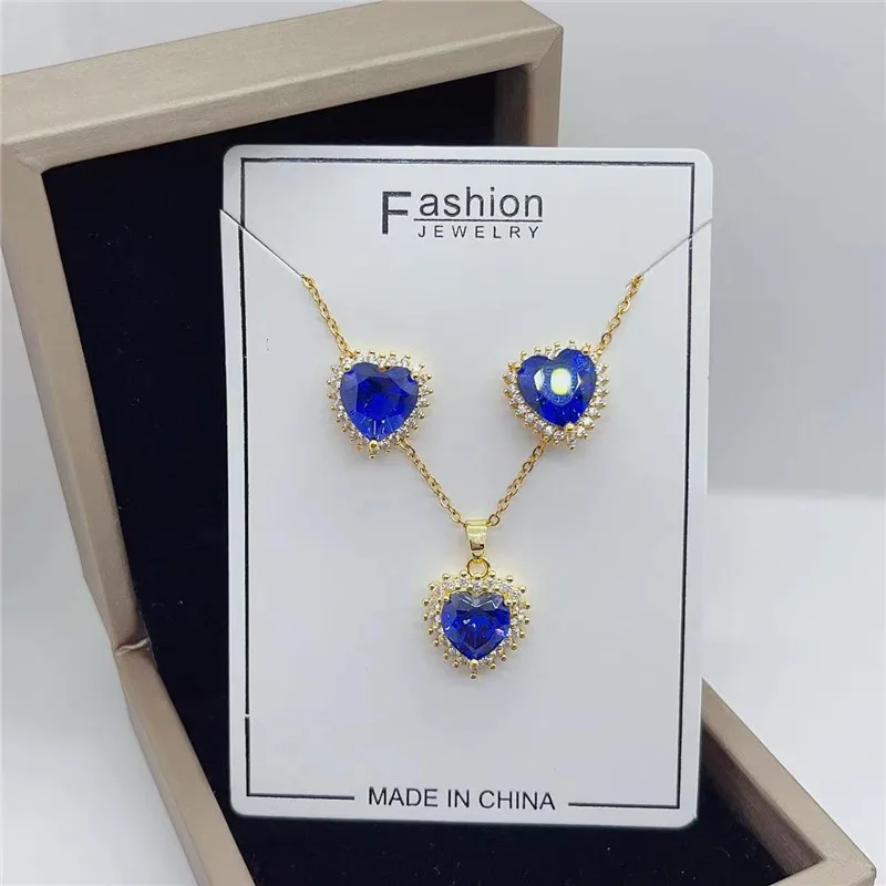 Light Luxury Heart Zircon Jewelry Sets Trendy Geometric Stud Earring Pendant Necklace Stainless Steel Choker For Women Girls