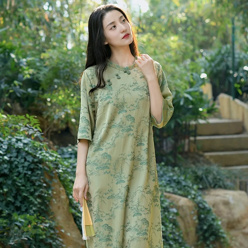 

Новое платье в китайском стиле, улучшенное платье Cheongsam, высококачественные жаккардовые женские платья в стиле ретро, элегантная свободная длинная юбка с круглым вырезом