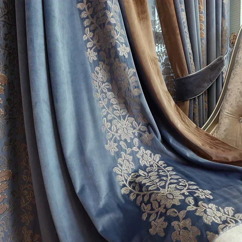 French American Luxury Velvet Embroidered Curtains for Living Room Bedroom Villa Blackout Blue Splicing Design Sense Custom