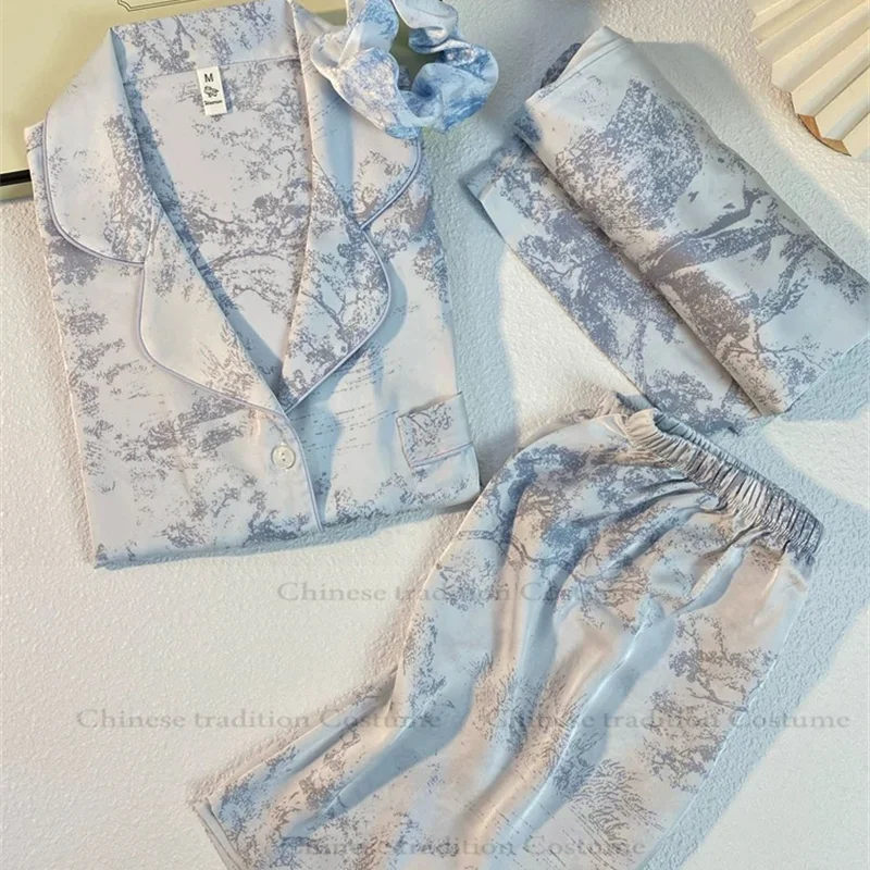 2Pcs Shorts Set Lady Rayon Sleepwear Autumn Winter Pajama Sets Home Clothes Print Pyjama Mariage Femme Thin Loungewear Pjs