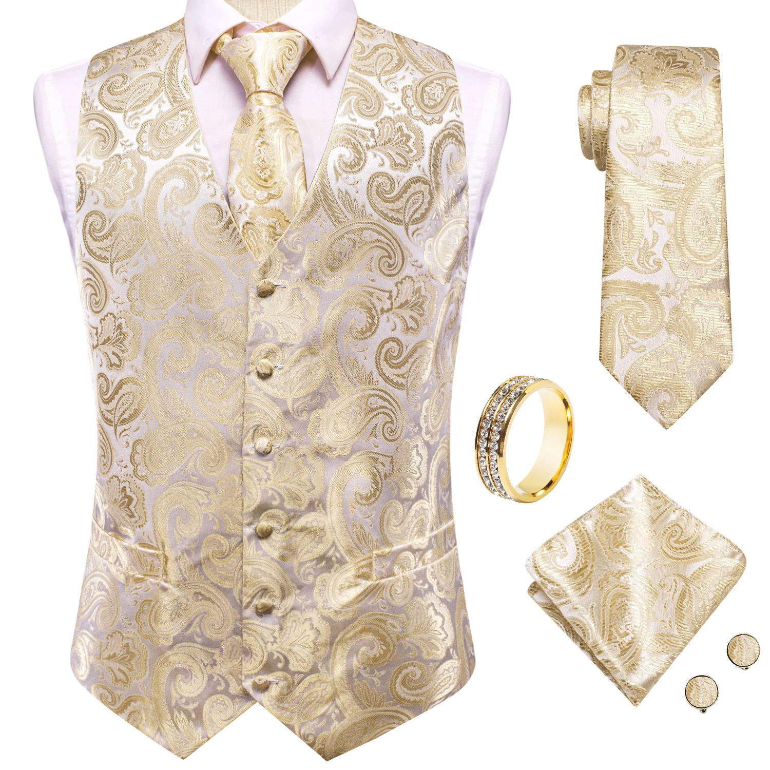 Cream Gold Floral Paisley V-Neck Vest 5Pcs Outfit Tie Pocket Square Cufflinks Ring For Spring Gentleman Gathering