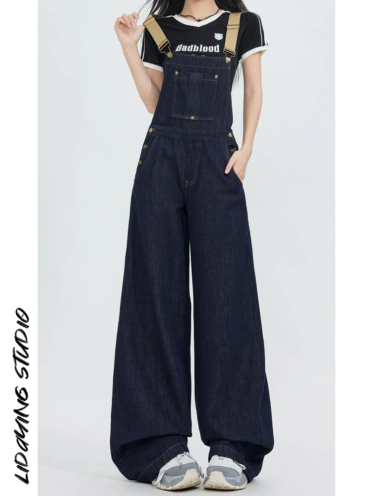 딥 블루 와이드 레그 오버롤 여성용 루즈핏 레트로 슬레 진즈 리당 2025 봄 컬렉션 l 허리 롱 트라우저