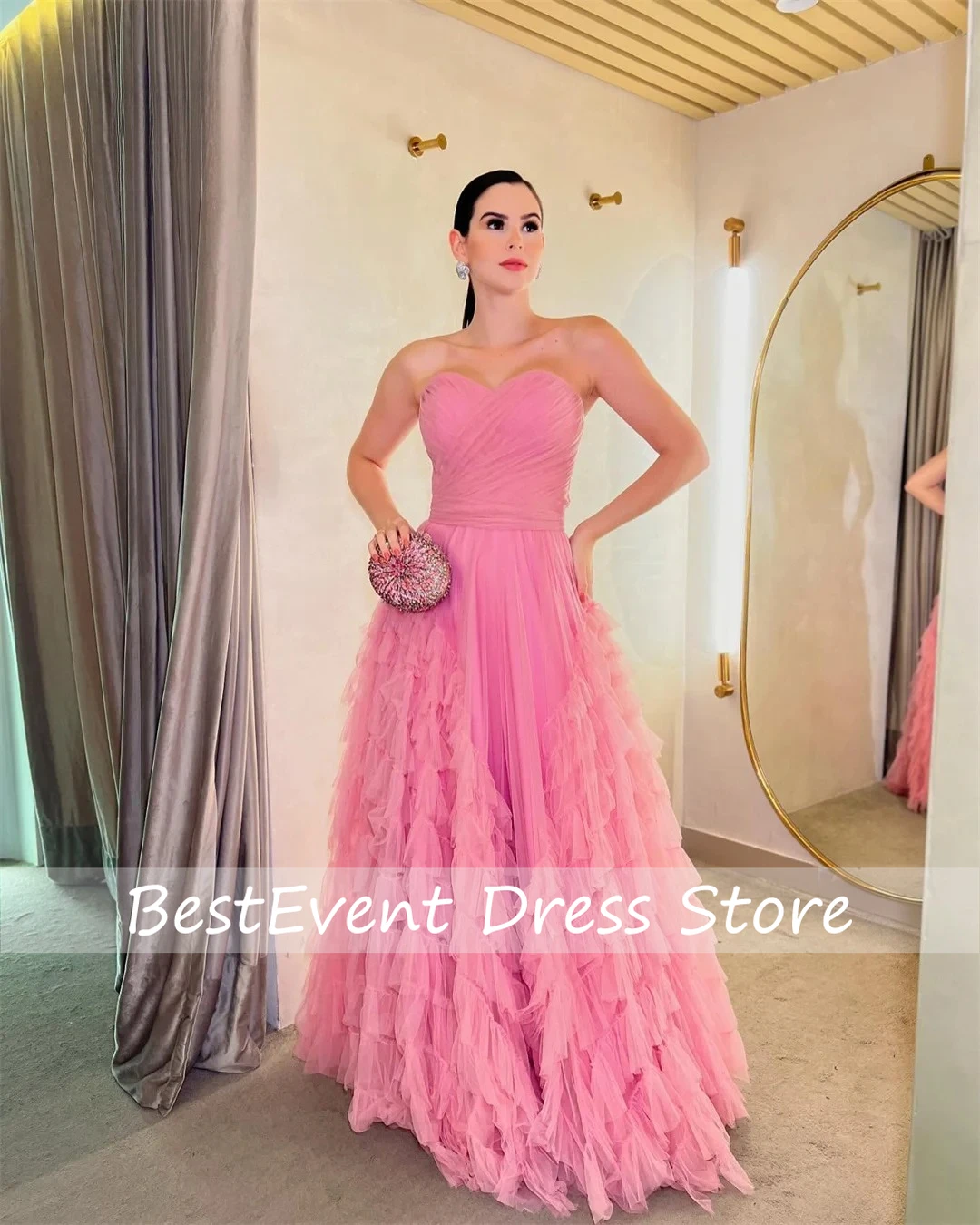 

Sleeveless Evening Dresses for Party Dress Pink Customized Tiered Pleat Formal Occasion Dresses for Special Occasions Elegant