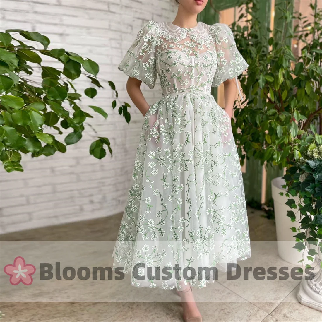 

Blooms Puff Sleeves Prom Gown Embroidery Flower Tulle A-line Prom Dresses Midi Dress Elegant Party Gown Homecoming Dress