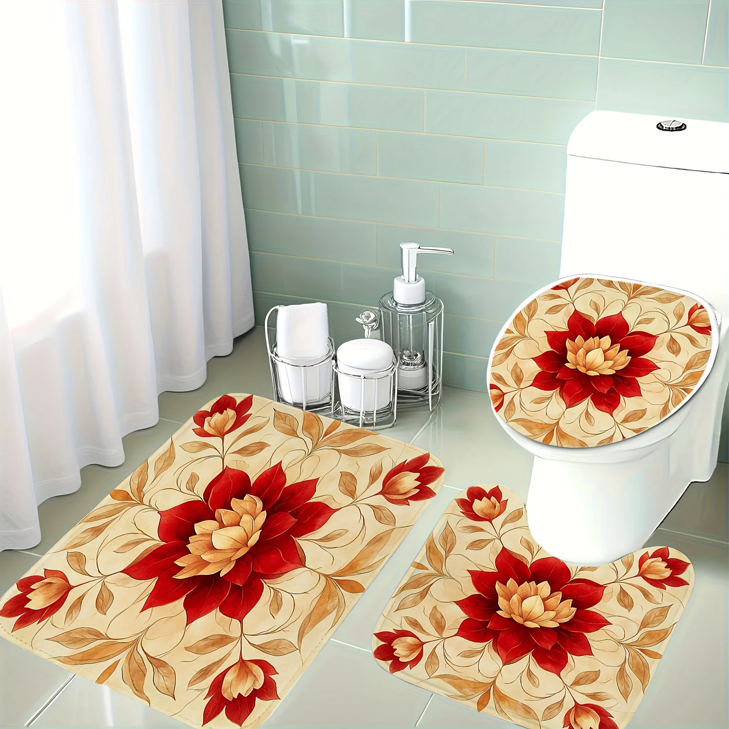 

Christmas Decorations, 3pcs Set of Beige Bathroom Rugs with Vibrant Red Flowers and Brown-Yellow Leaves Pattern, Toilet Lid Cove