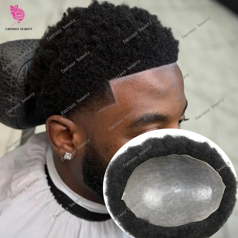 

4mm Kinky Curly Afro Men Wig Hairstyle Super Durable Double Knots PU Black 360 Wave 10mm 100% Human Hair Natural Hairline System