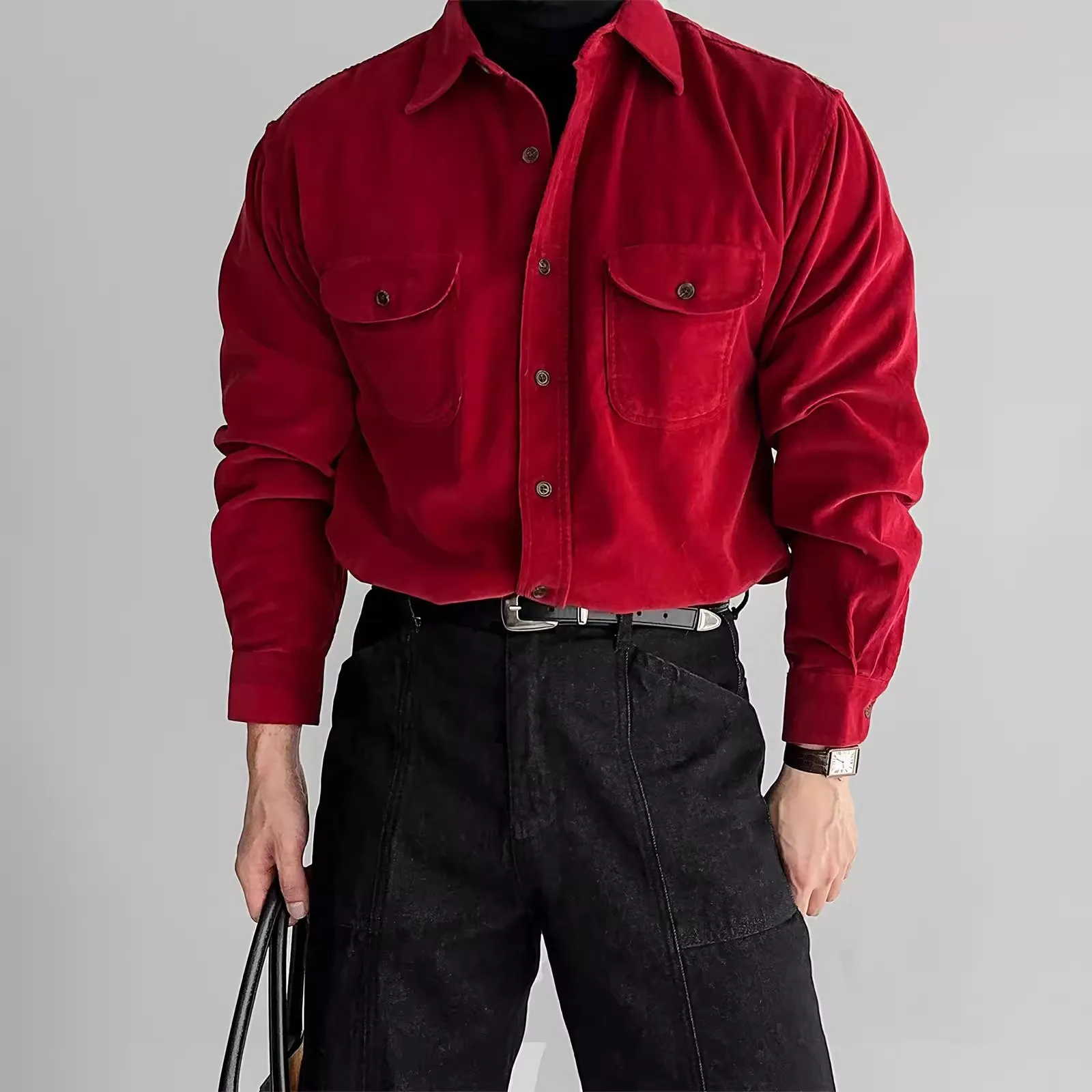 

Burgundy Corduroy Long Sleeve Shirt Men's Flap Pocket Festive Engagement Retro Light Mature Style Shirt