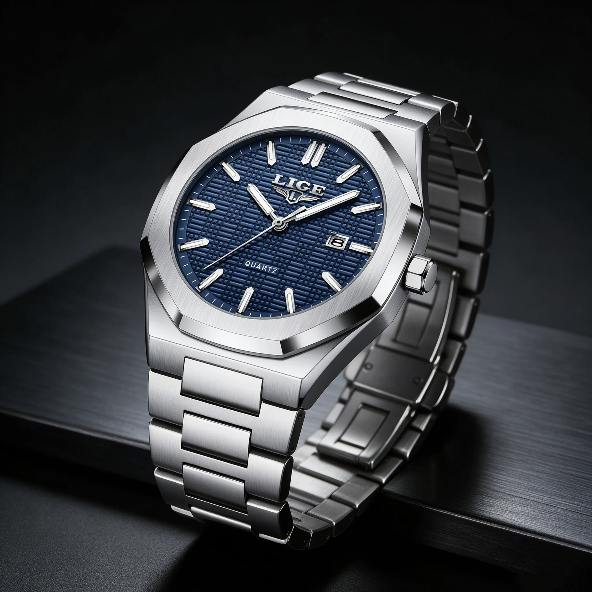 LIGE Mens Watches Fashion Top Brand Luxury Business Steel Quartz Wristwatches 3ATM Waterproof Luminous Watch Men Gifts Reloj+Box