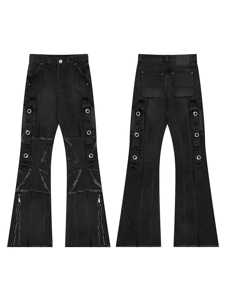 

High Street Fashion Tight Horn Jeans Rivet Zipper Decorative Buttons Waist High Waist Casual Women American Autumn Hip Hop Pants