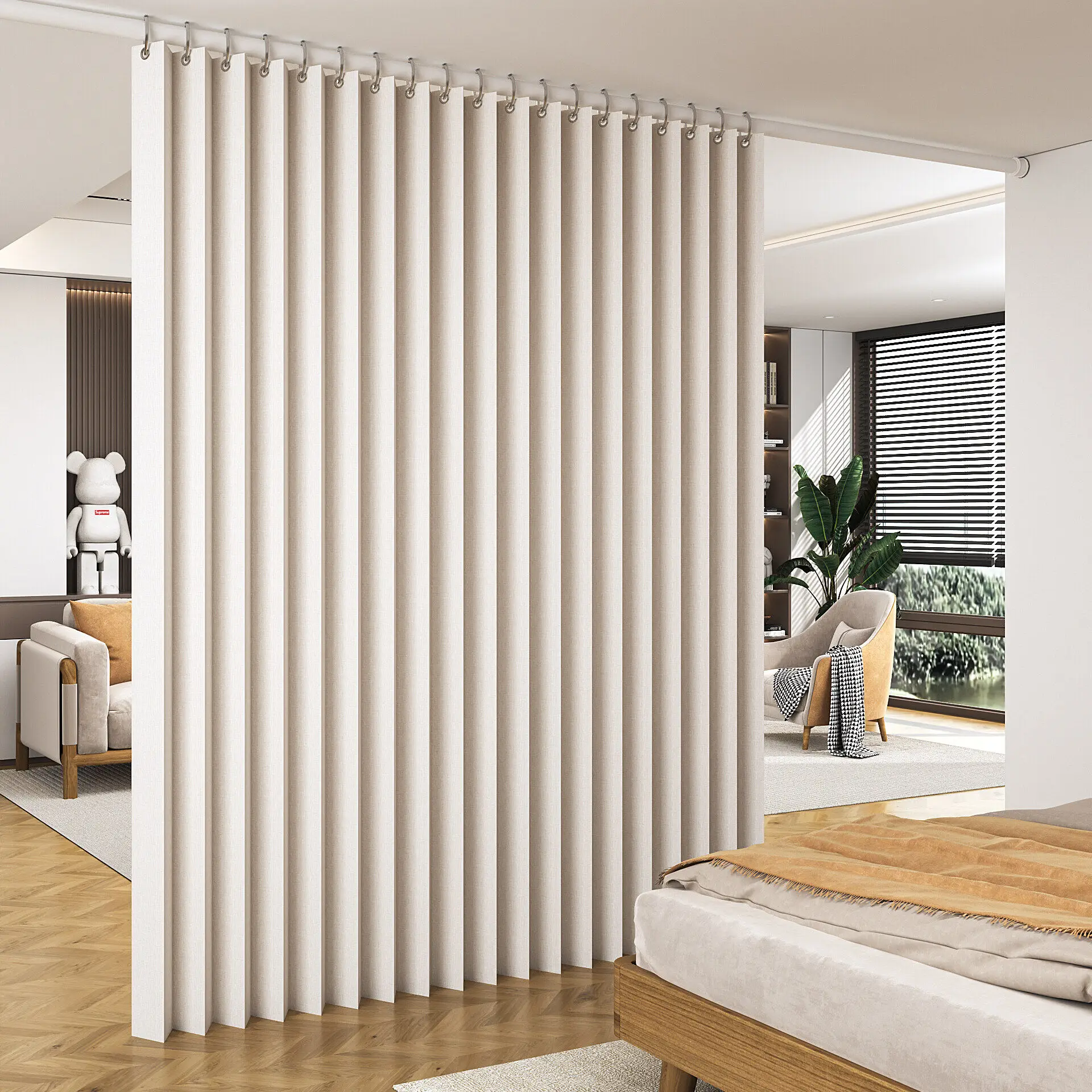 Room Partition Divider Curtains, Pleated Folding Door Curtain for Doorways, Sliding Langsir Pintu Doors Curtain for Room Divider