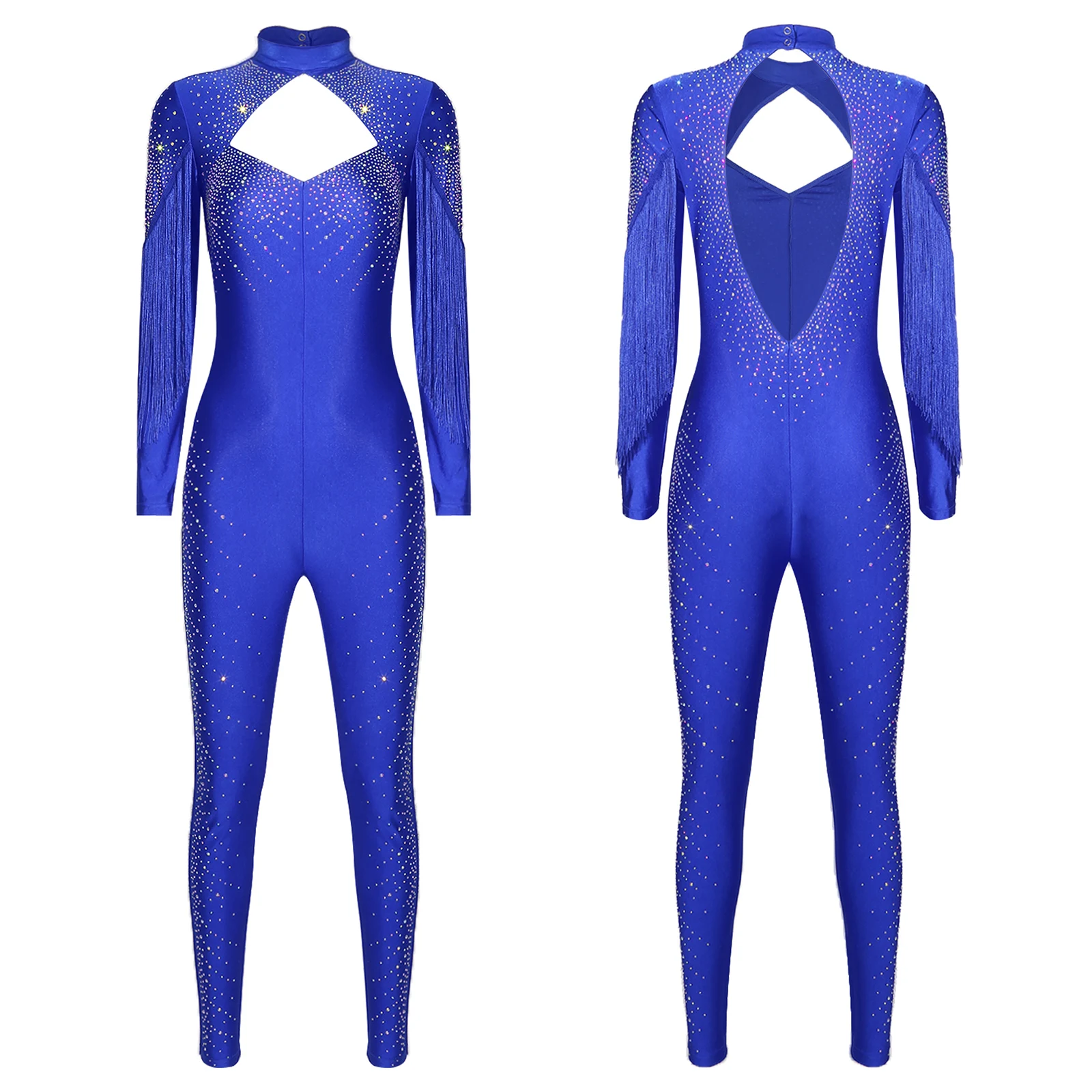 

Adults Womens Rhinestone Figure Ice Skating Jumpsuit Tassel One-piece Rompers Bodysuit for Ballet Latin Modern Dance Gymnastics