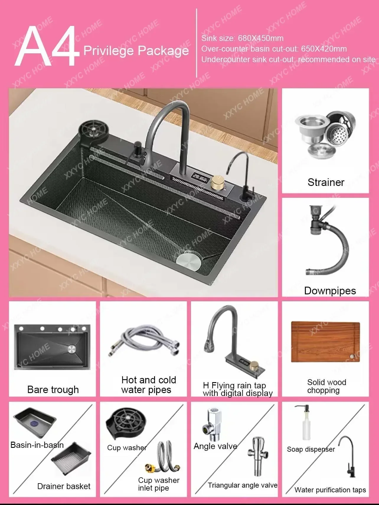 Digital Embossed Flying Rain Waterfall Flume Nano 304 Stainless Steel Large Single Trough Kitchen Household Vegetable Basin