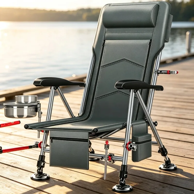 Reclining Fishing Chair 2026, Sturdy Stable Foldable Seat, Heavy Duty All-Terrain Multi-Functional Chair for River Bank Camping