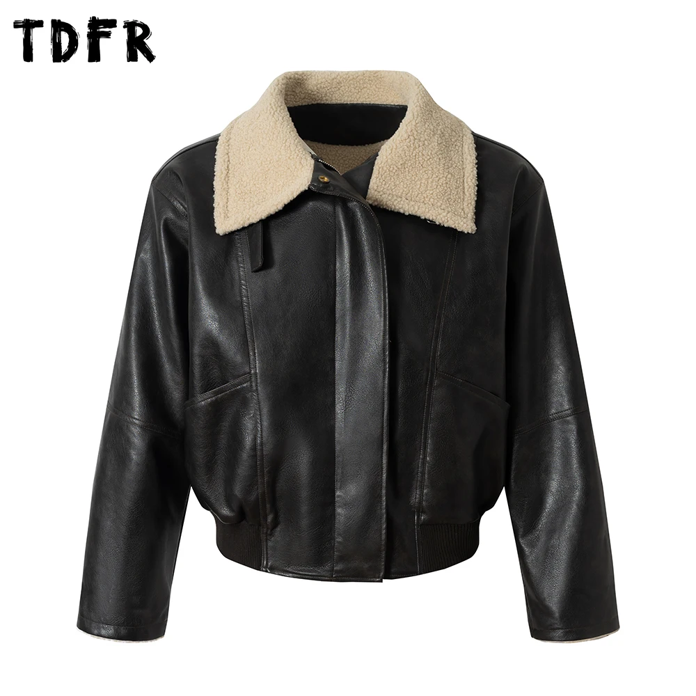 

Spliced Sherpa PU Leather Jacket Mens Retro Casual Winter Lapel Thick Long Sleeve Padded Jacket Man Outerwear