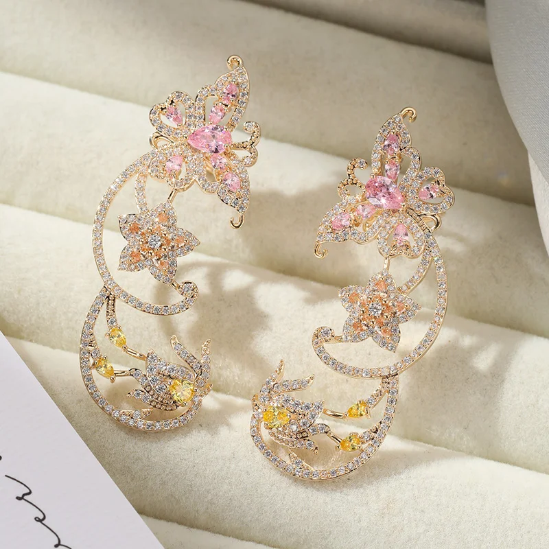 

Роскошные позолоченные ажурные серьги-клипсы с бабочками и цветочным принтом, красочный дизайн с кубическим цирконием, романтические женские украшения для вечеринок