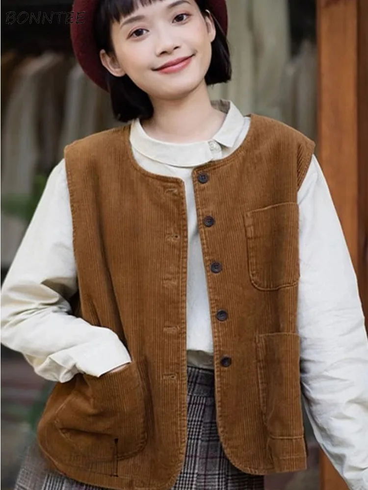 

Vest Women Corduroy Retro Fashion O-neck Pockets All-match Autumn Winter Ins Korean Style Single Breasted Chic College Young