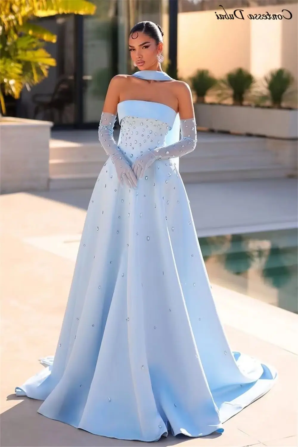 

Contessa Dubai Custom Небесно-голубое платье трапециевидной формы с драгоценными камнями и рукавами со шлейфом Vestidos de noche Вечерние платья без бретелек