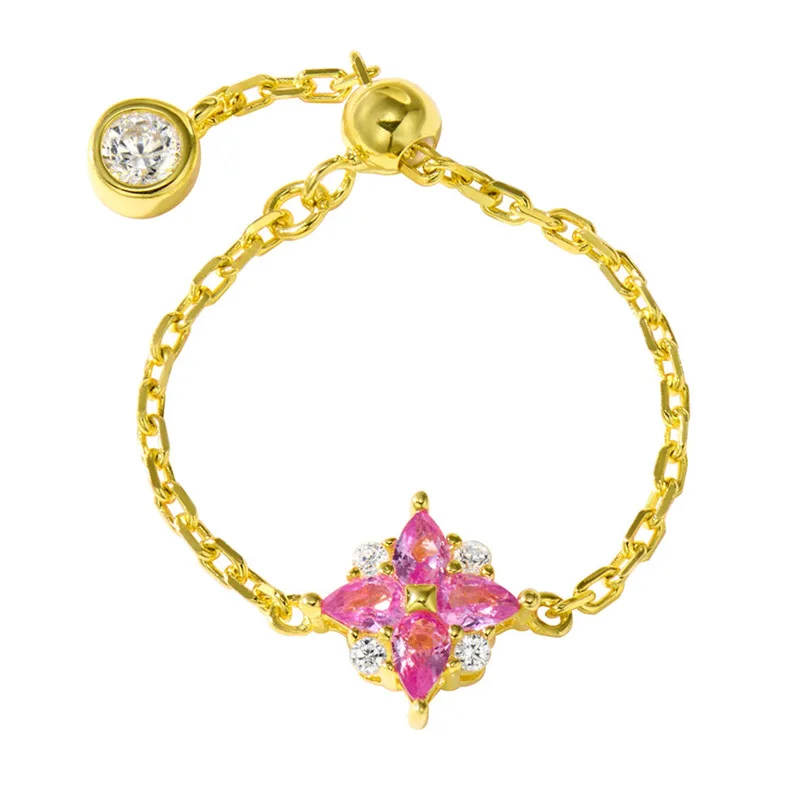 Red Corundum Pull Adjustable Ring Full Chain Ring Four-leaf Clover Diamond Ring Four-leaf Flower Niche Adjustable Index Finger T