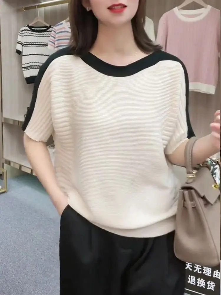 New Summer Style One Shoulder Chic Loose Slimming Versatile Fashion Knitted Color Blocked Short Sleeve Top for Layering