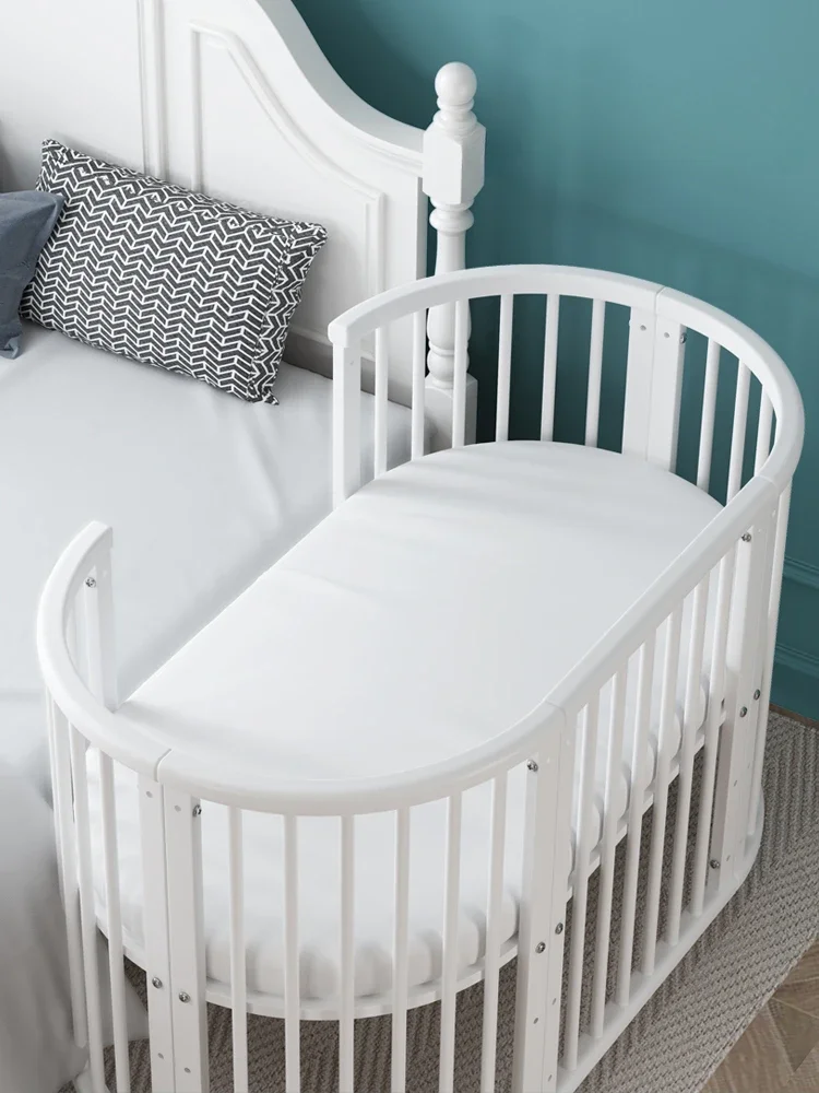 Square crib solid wood European splicing big bed movable newborn crib multifunctional small white round bed