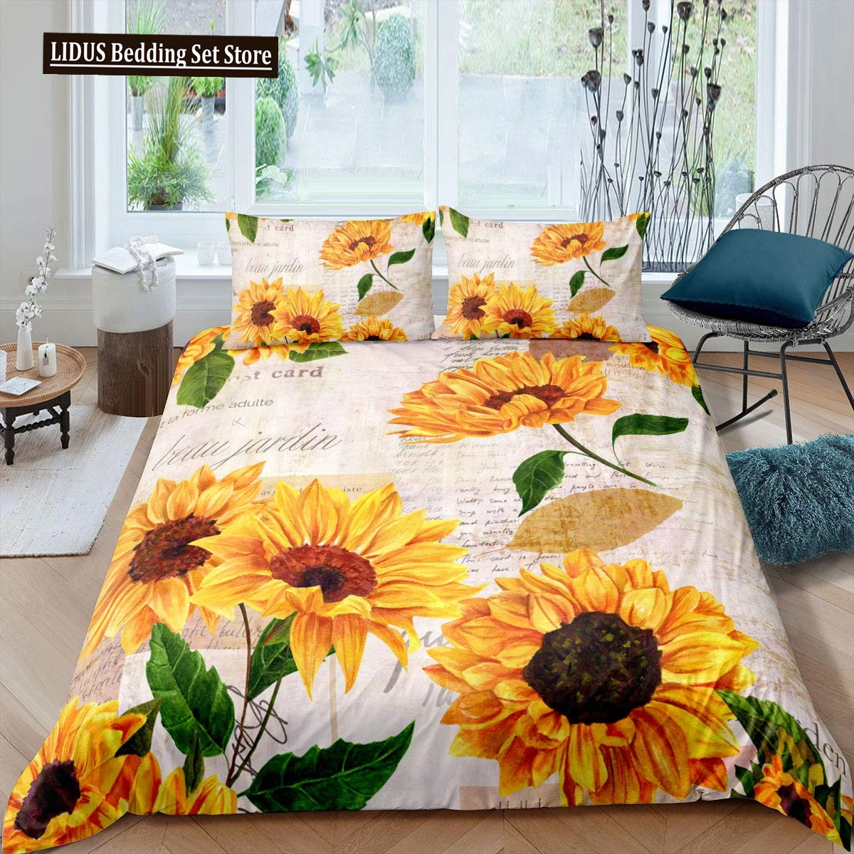 

Vintage Sunflowers Duvet Cover Set Letters Bedding Set Letters And Sunflowers Printed Retro Girls Queen Size 2/3pcs Quilt Cover