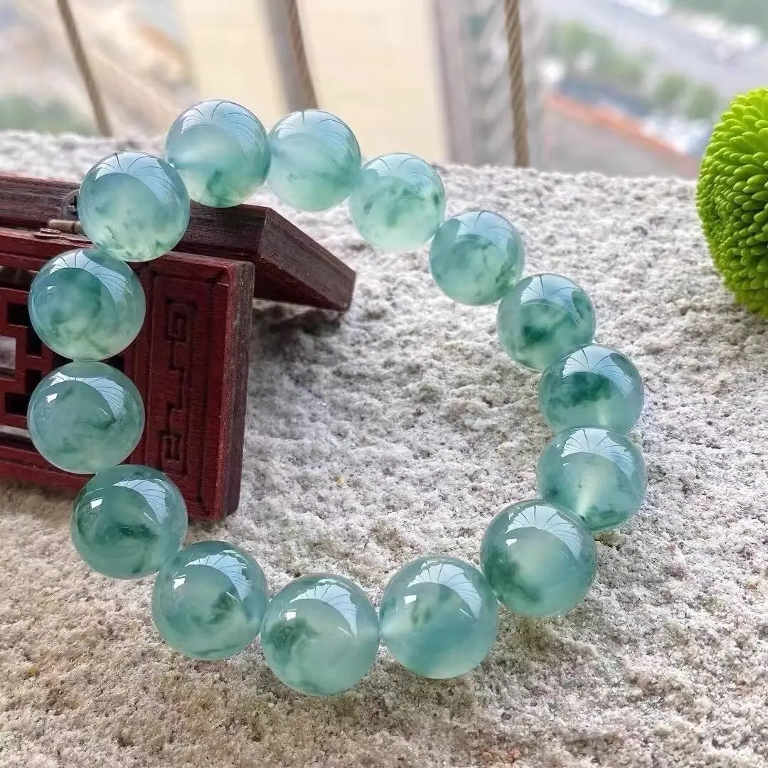 Bracciale fiore galleggiante tipo ghiaccio in giada birmana, braccialetto da donna in giada verde olio a cerchio singolo