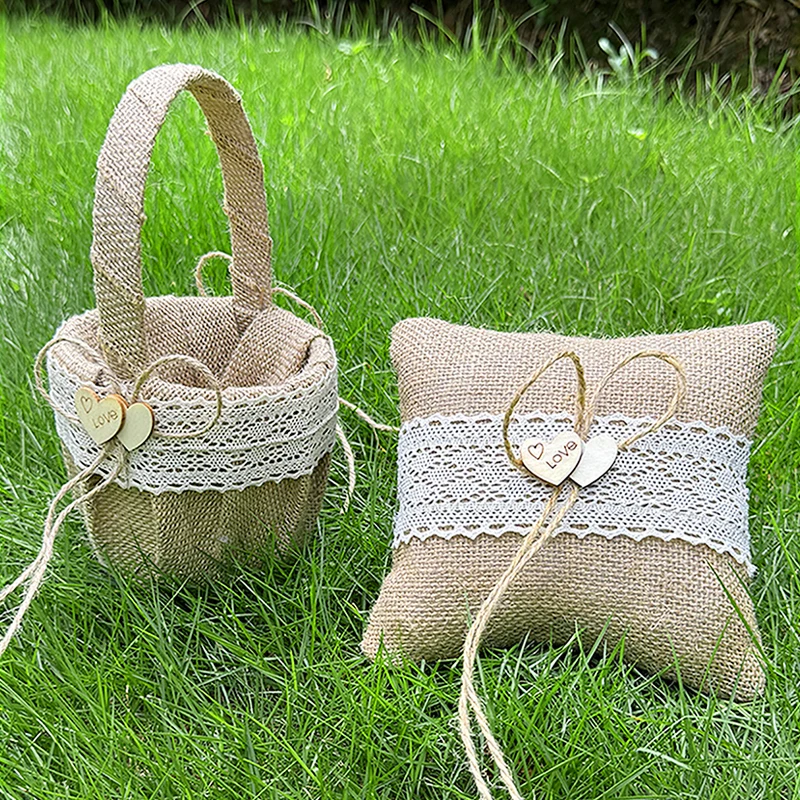 

1PC Rural Flower Girl Flower Basket Ring Pillow Wedding Scattering Linen Weaving Flower Basket Ring Holder Wedding Supplies