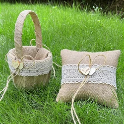1PC Rural Flower Girl Flower Basket Ring Pillow Wedding Scattering Linen Weaving Flower Basket Ring Holder Wedding Supplies