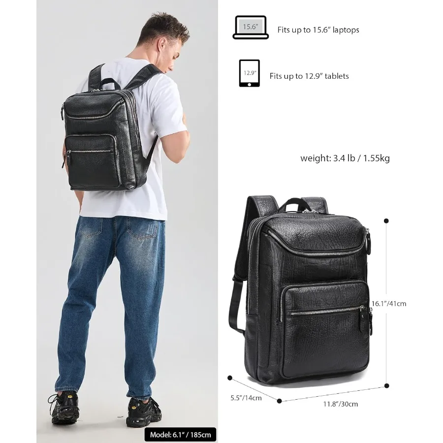 حقيبة ظهر من الجلد المحبب بالكامل من LANNSYNE للرجال مقاس 15.6 بوصة حقيبة ظهر جلدية للكمبيوتر المحمول والمشي لمسافات طويلة حقيبة سفر للتخييم #6
