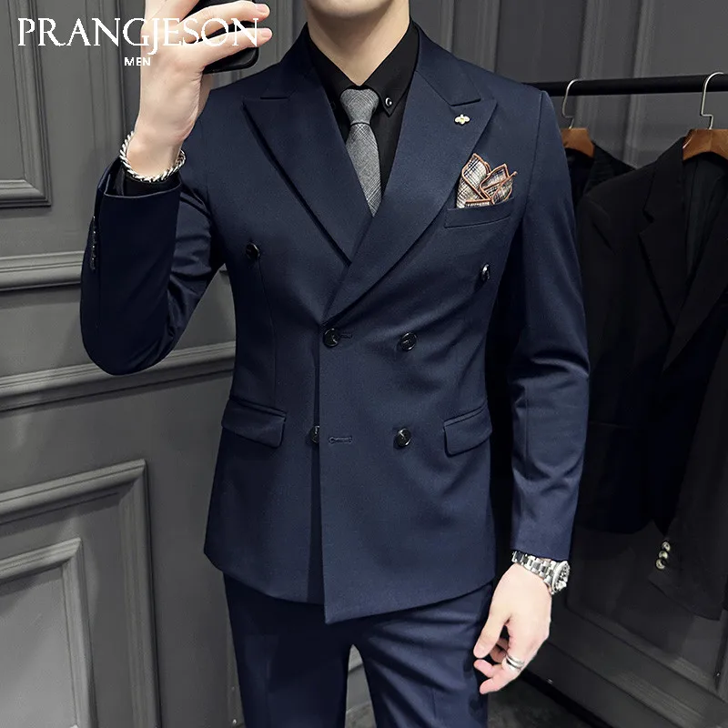 

High-end double-breasted suit jacket for men, British style, slim fit, business suit for men, plus size, wedding groom dress