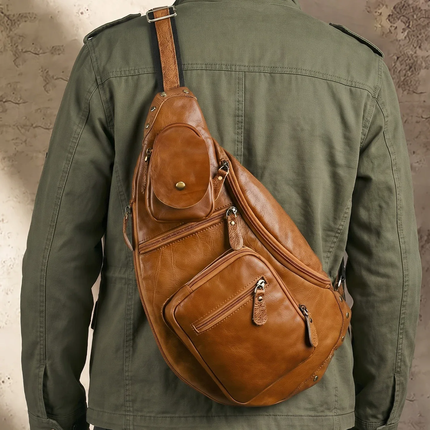 Large Capacity Men Vintage Genuine Leather Sling Backpack Chest Bag Multi Pocket Crossbody Shoulder Bag Travel Daily Commute