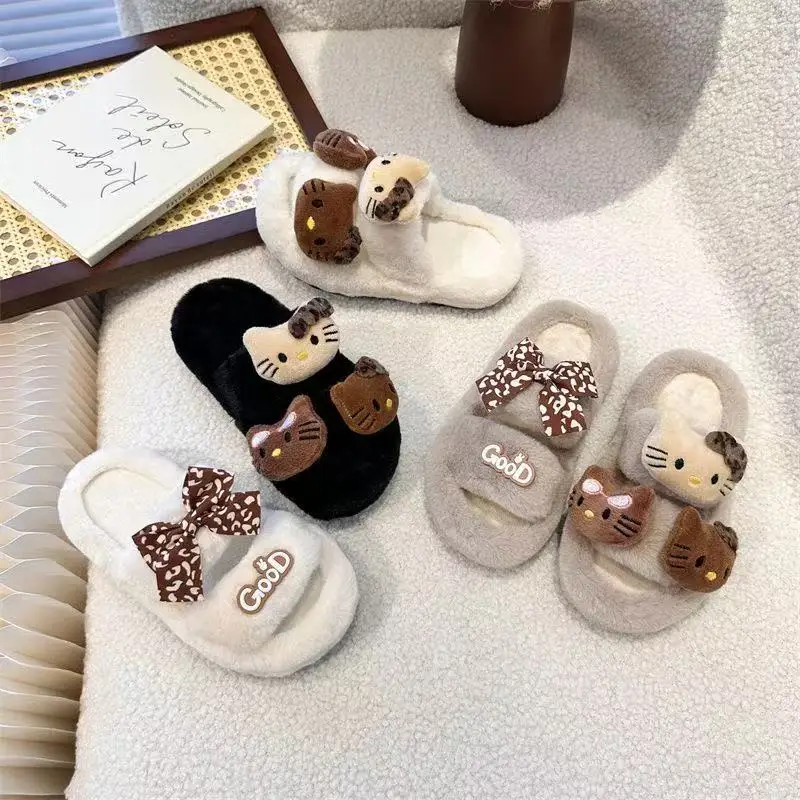 

Реальные фотографии, осень-зима 2021, новые милые куклы «Hello Kitty», черные модные детские белые теплые хлопковые тапочки цвета хаки с героями мультфильмов