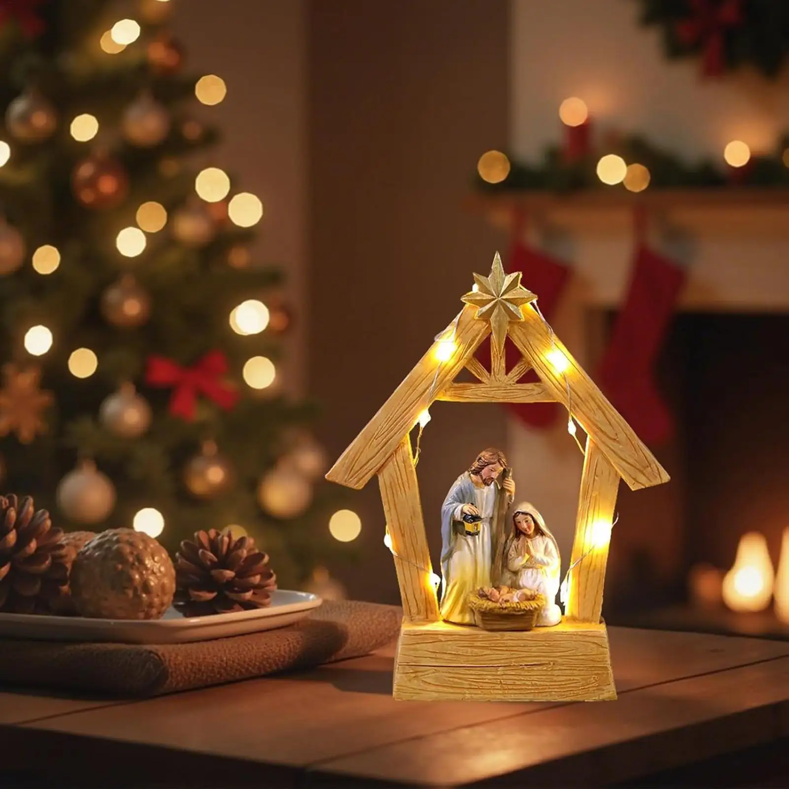 Nativity Scene with Light Christmas Holy Family Display Centerpiece Manger Stable Figurine Home Farmhouse Party Church Decor