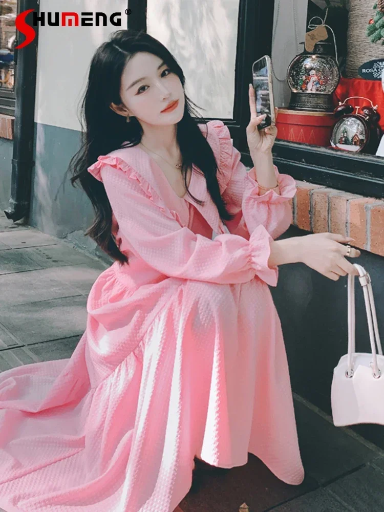 

Sweet Pink Doll Collar Long Sleeve Dress for Women 2023 Autumn New Korean Style Chic Fairy High Waist A- Line Long Dress Ladies